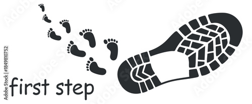 A set of footprints leading to a large shoe print in black and white vector style, perfect for motivational themes