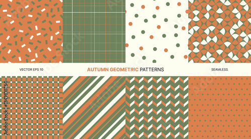 Seamless vector pattern set with autumn geometric design in orange green cream colors, perfect for Thanksgiving crafts, fall wrapping paper, seasonal fabric, retro wallpaper, and cozy decorative