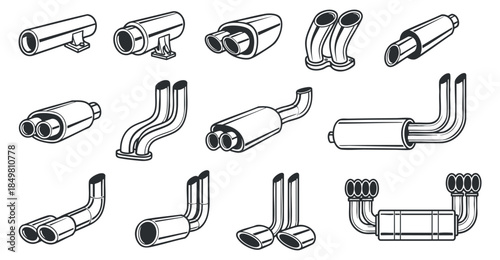 A collection of various automotive exhaust pipes and mufflers in black and white outline vector style, suitable for automotive design projects