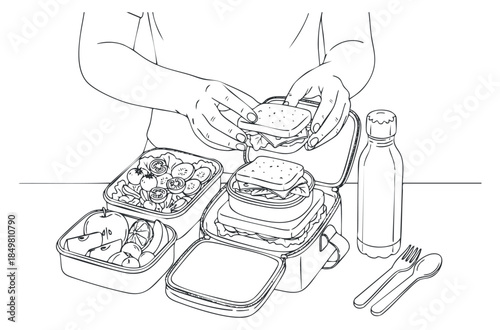 A person assembling a lunchbox with a sandwich and vegetables in minimalist line art vector style, perfect for meal preparation and healthy eating