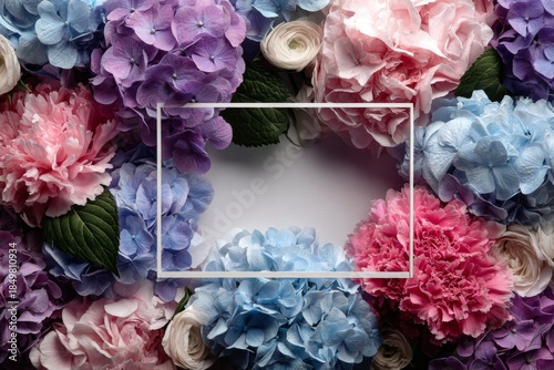 Charming Pastel Hydrangeas in a Whimsical Frame for Spring Greetings, Soft Shadows, Bright Center