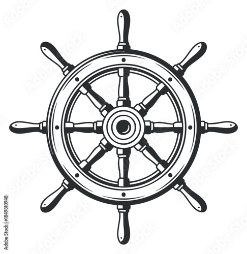 A vintage ship's wheel in black and white vector style, perfect for nautical-themed designs and maritime branding
