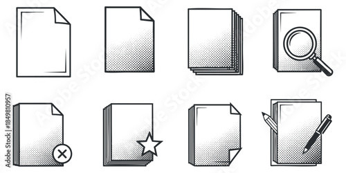 A set of various paper and document icons in black and white minimalist vector style, suitable for office and stationery design