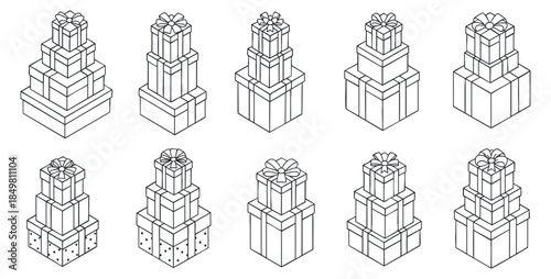 A collection of ten gift boxes with ribbons in outline vector style, perfect for festive celebrations and holiday designs