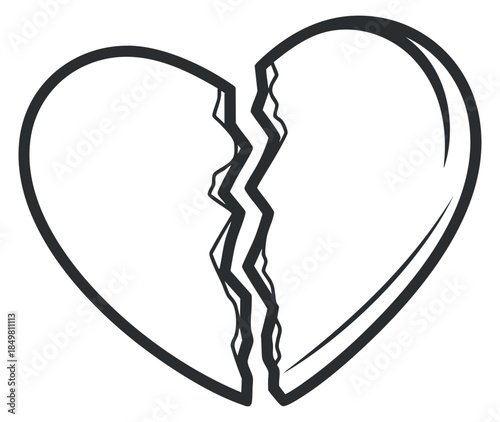 A broken heart illustration in black outline vector style, perfect for expressing emotions related to love and loss