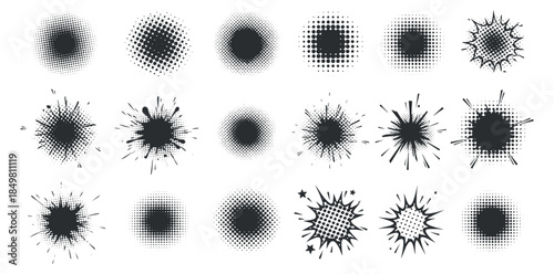 A collection of black and white burst and splash patterns in various dot styles, perfect for graphic design projects