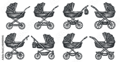 A set of baby strollers in outlined black and white vector style, ideal for parenting and childcare projects