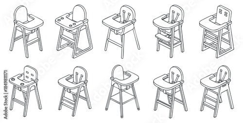 A collection of various highchair designs in outline vector style, suitable for childcare and parenting projects