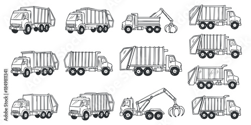 A collection of various garbage trucks and waste collection vehicles in outline vector style, suitable for urban service and environmental projects