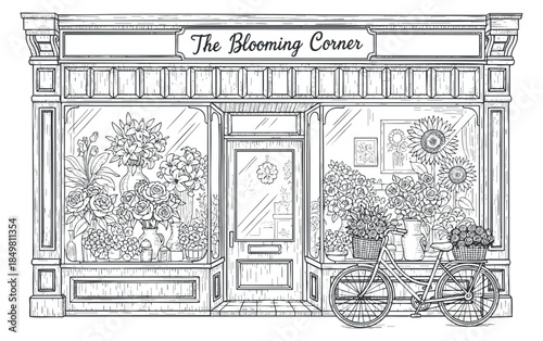A floral shopfront illustration featuring a bicycle and large windows displaying various flowers in detailed black and white line art style, perfect for botanical designs