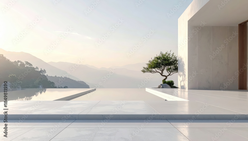 Obraz premium Modern minimalistic architecture with a mountain view and serene landscaping at sunrise