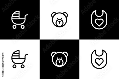Vector Set of 3 Black and Whites Baby Care Icons: Stroller, Teddy Bear, and Bib Outline
