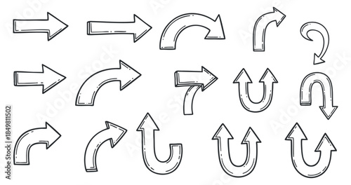 A collection of various arrow designs in black and white outline vector style, ideal for navigation graphics and signage projects