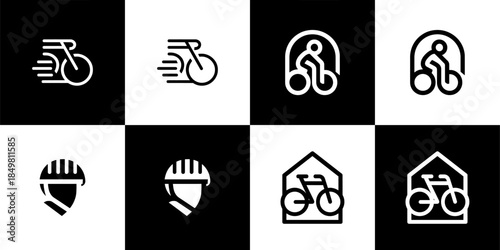 Vector Set of 4 Black and Whites Cycling and Bicycle Icons, featuring Speed, Rider, Helmet, and Storage Symbols