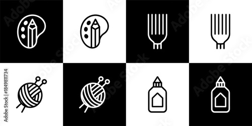 Vector Set of 4 Black and Whites of Craft and Hobby Icons (Art, Knitting, Glue, Comb)