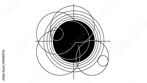 Black Circle with Intersecting Lines and Circles.