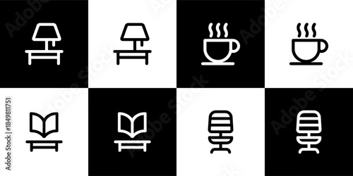 Vector Set of 4 Black and Whites of Furniture, Study, and Relaxation Line Icons (Lamp, Coffee, Book, Chair)