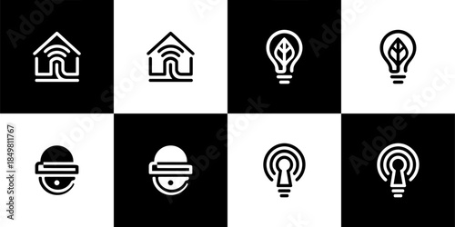 Vector Set of 4 Black and Whites Smart Home, Green Energy, Security Surveillance, and Digital Access Technology Icons