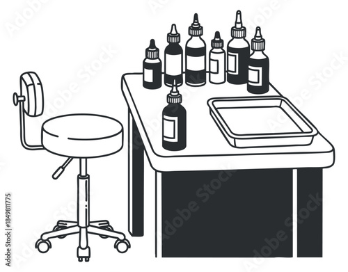 A tattoo studio workspace featuring a table with ink bottles and a chair in black and white minimalist vector style, ideal for tattoo-related projects