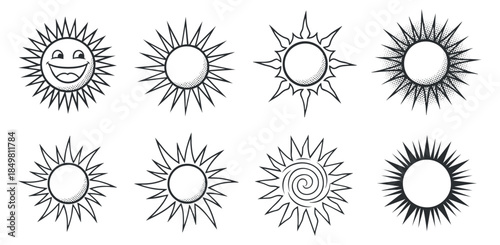 A set of various sun icons in black and white outline vector style, ideal for summer-themed designs and creative projects