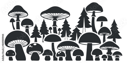 A collection of various mushroom silhouettes among trees in black vector style, suitable for nature-themed designs