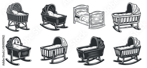 A collection of baby cribs and bassinets in black and white minimalist vector style, suitable for nursery decor and baby care branding