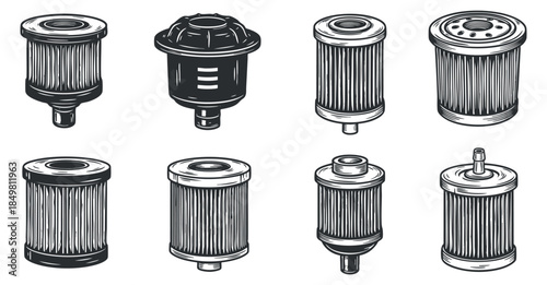 A collection of various automotive oil filters in black and white sketch style, ideal for automotive publications and repair guides
