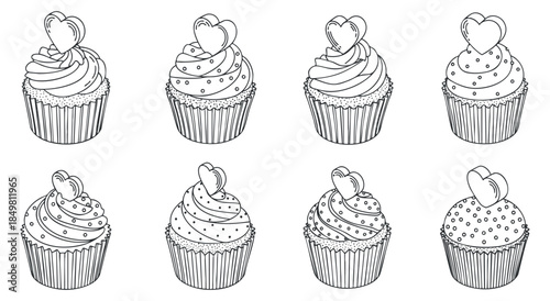 A set of eight whimsical cupcake illustrations with various toppings and decorations in black and white outline vector style, perfect for bakery branding and dessert menus