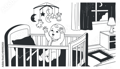 A cheerful baby in a crib with a mobile of stars and moons in black and white outline vector style, perfect for nursery decor
