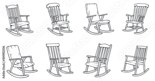 A collection of rocking chairs in various styles and angles in black and white outline vector illustration, suitable for furniture design projects