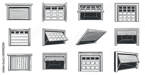 A collection of various garage door designs in flat black and white vector style, suitable for architectural projects and home design