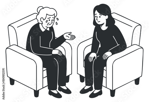 A comforting scene of a caregiver and an elderly person sitting in chairs, illustrated in black and white line art style, suitable for mental health themes