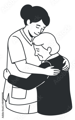 A caregiver embracing an elderly person in a minimalist black and white vector style, perfect for healthcare and wellness themes