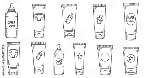 A collection of baby cream and diaper cream tubes in outline vector style, suitable for health and skincare branding