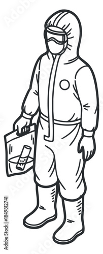 A worker in a hazmat suit holding a biohazard container in a clean outline vector style, ideal for health and safety projects
