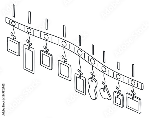 A collection of hanging frames and tags in clean outline vector style, perfect for home decor and artistic displays