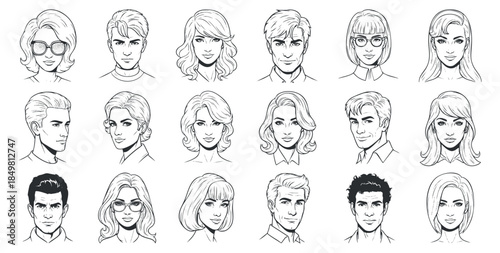 A collection of diverse male and female character faces in black and white outline style, ideal for graphic design projects