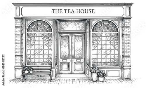 A detailed illustration of a tea house exterior with large windows and a welcoming entrance in vintage line art style, ideal for cafe branding and design projects
