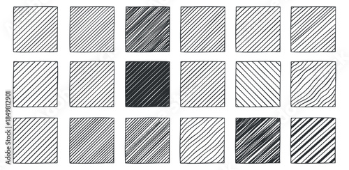 A collection of 16 striped patterns in black and white illustration style, suitable for graphic design and creative projects