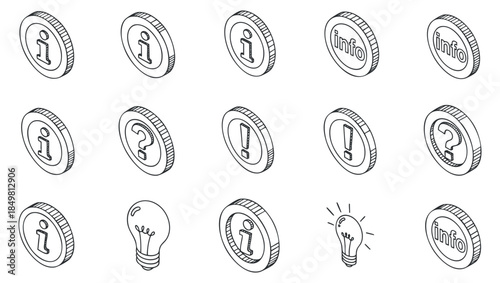 A collection of information icons featuring question marks and light bulbs in outline vector style, suitable for educational and business applications