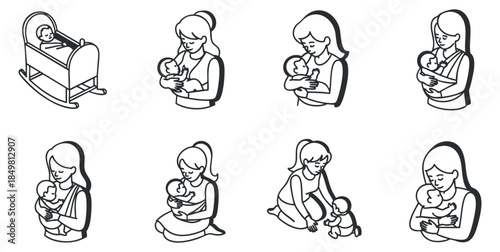 A set of line art illustrations depicting mothers breastfeeding and caring for their babies in minimalist vector style, perfect for parenting resources
