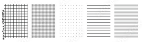 Black white geometric pattern set with square grid lines dotted paper ruled paper lined templates design collection for notebook planner bullet journal sketchbook background isolated on white
