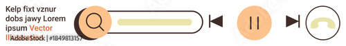 User interface, digital tools, media playback, search functionality, communication, technology. Visual of search bar, playback icons and phone symbol. Media playback and search functionality