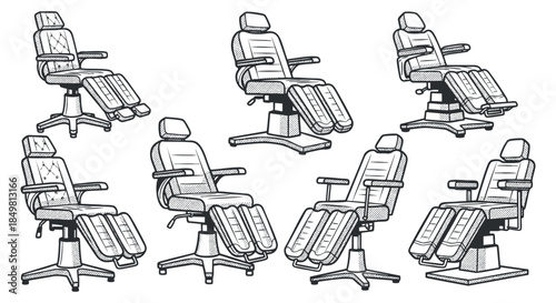 A collection of ergonomic office chairs with reclining features in black and white outline vector style, ideal for furniture design projects
