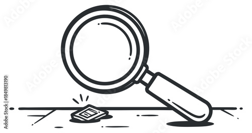 A magnifying glass hovering over an object in black and white line art style, ideal for educational and investigative themes