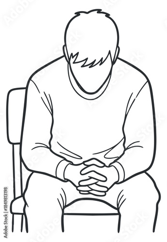 A minimalist outline illustration of a man sitting with his hands clasped and head down, conveying a sense of contemplation and sadness