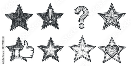 A set of hand-drawn star icons featuring thumbs up, question mark, exclamation mark, and heart in sketch vector style, suitable for creative projects and feedback systems
