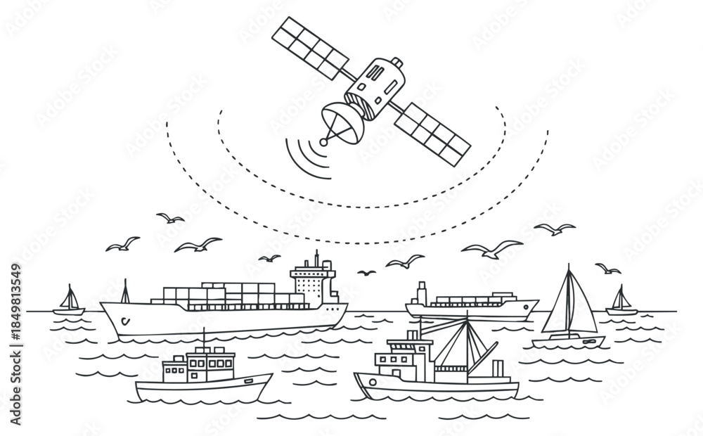 Obraz premium A satellite orbiting above various ships and boats in a minimalist outline vector style, suitable for technology and maritime themes