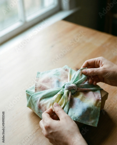 Close-up of hands wrapping gift in furoshiki fabric, pastel-tone natural dyes.