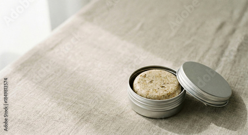 Solid shampoo in a small metal tin placed on a simple textured surface, eco-minimal still life